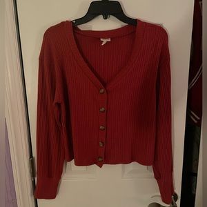 Red Ribbed Mock-Button Sweater